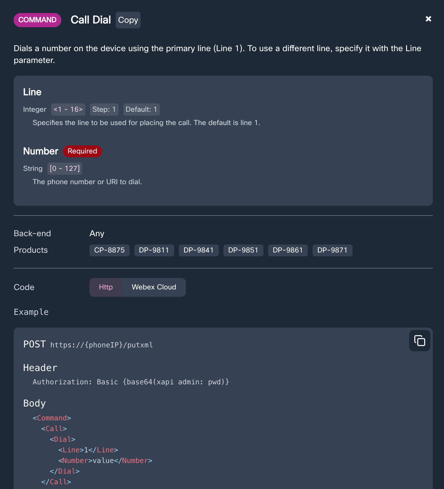 xAPI Details panel showing command parameters